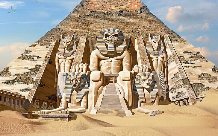 Pirámide con estatuas, Iron Maiden, portadas de álbumes, Egipto, pirámide, arte de fantasía, Eddie, mascota de la banda, Fondo de pantalla HD