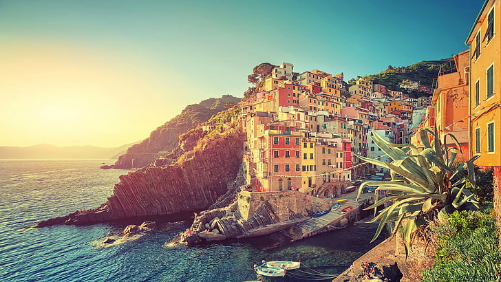 gündüz deniz kıyısında, şehir, su, tekne, Cinque Terre, HD masaüstü duvar kağıdı