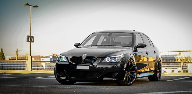 schwarze Limousine, der Himmel, schwarz, BMW, Parkplatz, Limousine, e60, HD-Hintergrundbild HD wallpaper