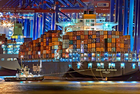 Hafen, Nacht, Schiff, Containerschiff, Kran, Schlepper, Schiff, Hapag-Lloyd, Containerschiff, Houston Express, M / V Houston Express, HD-Hintergrundbild HD wallpaper