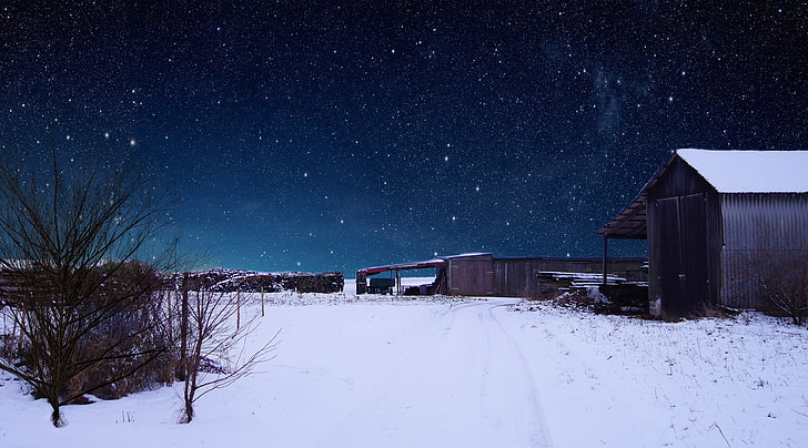 Impressive Snowscape with Amazing Sky, brown wooden shed, Seasons, Winter, HD wallpaper