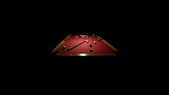 pool balls on red pool table game, pool table, billiards, black, queue, HD wallpaper HD wallpaper
