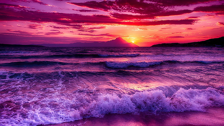 sky, sea, afterglow, horizon, ocean, purple sky, wave, shore, sunset, waterscape, calm, wind wave, water, pink sky, landscape, orange sky, HD wallpaper