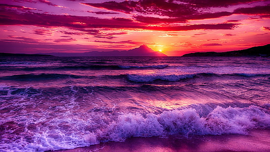 空、海、残光、地平線、海、紫の空、波、海岸、日没、水景、穏やかな、風の波、水、ピンクの空、風景、オレンジ色の空、 HDデスクトップの壁紙 HD wallpaper
