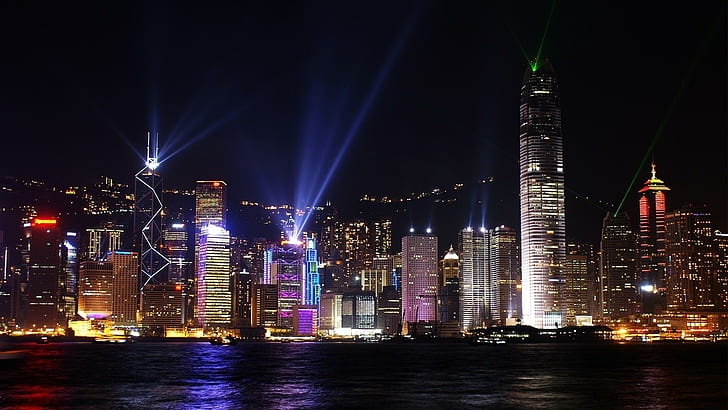 Hong Kong, Hong Kong, ljus, vackert, vatten, porslin, arkitektur, stad, natt, skyskrapor, djur, HD tapet