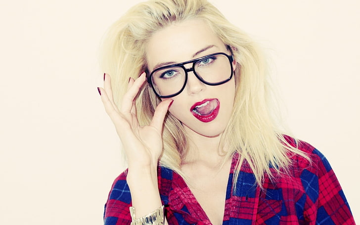 women's purple flannel top, Amber Heard, blonde, glasses, women, brunette, Terry Richardson, model, makeup, face, shirt, women with glasses, tongues, painted nails, simple background, looking at viewer, actress, white background, HD wallpaper