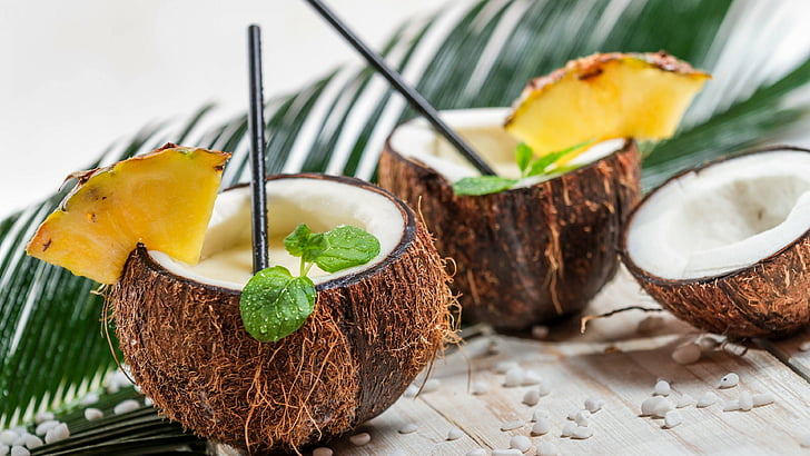 thee sliced of coconut shells, pina colada, coconut, pineapple, cocktail, HD wallpaper