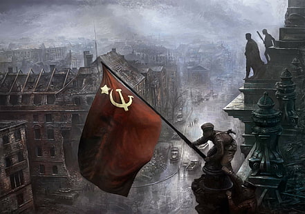 USSR, flag, Berlin, World War II, painting, artwork, history, HD wallpaper HD wallpaper