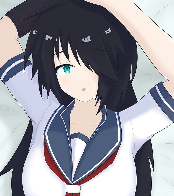 Kako (KanColle), langes Haar, schwarzes Haar, Anime, Anime-Mädchen, Kantai-Sammlung, Artwork, digitale Kunst, Fan-Art, HD-Hintergrundbild, Handy-Hintergrundbild