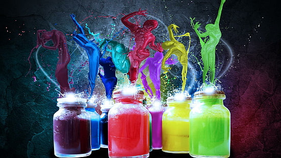 People Paint Splash, splash, yellow, paint, green, rainbow, abstract, people, photography, 3d, purple, 3d and abstract, HD wallpaper HD wallpaper