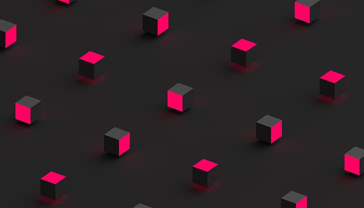 abstract, 3D Abstract, glowing, shapes, lights, 3D, square, minimalism, dark, texture, pattern, 3D Blocks, pink, HD wallpaper