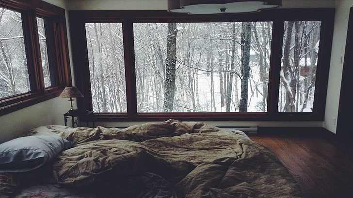 茶色の掛け布団、灰色の掛け布団セット、冬、部屋、ベッド、窓、木、森、枕、 HDデスクトップの壁紙