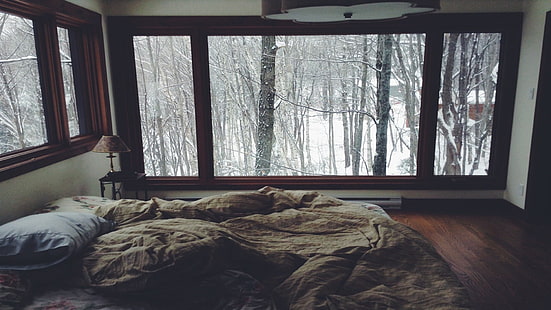 кафяв одеяло, сив комплект одеяло, зима, стая, легло, прозорец, дървета, гора, възглавница, HD тапет HD wallpaper