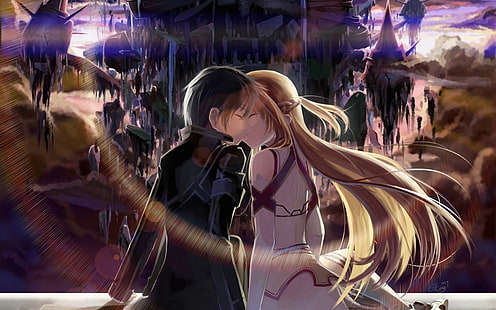 Kirito et Asuna de Sword Art Online illustration, Sword Art Online, Kirigaya Kazuto, Yuuki Asuna, kissing, artwork, Fond d'écran HD HD wallpaper