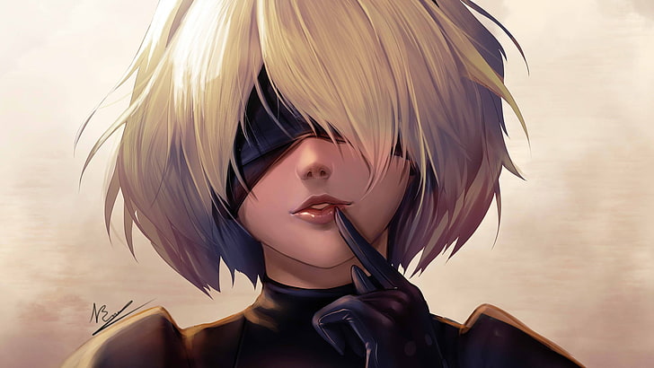 personnage d'anime femelle aux cheveux jaunes portant un masque noir, Nier: Automata, 2B (Nier: Automata), cheveux blancs, bandeau sur les yeux, NieR, Fond d'écran HD