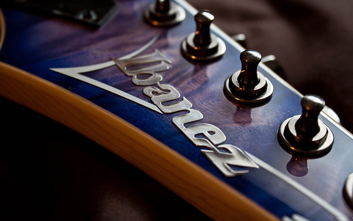 Ibanez Gitar, headstock gitar Ibanez putih dan biru, Musik,, biru, gitar, instrumen, Wallpaper HD
