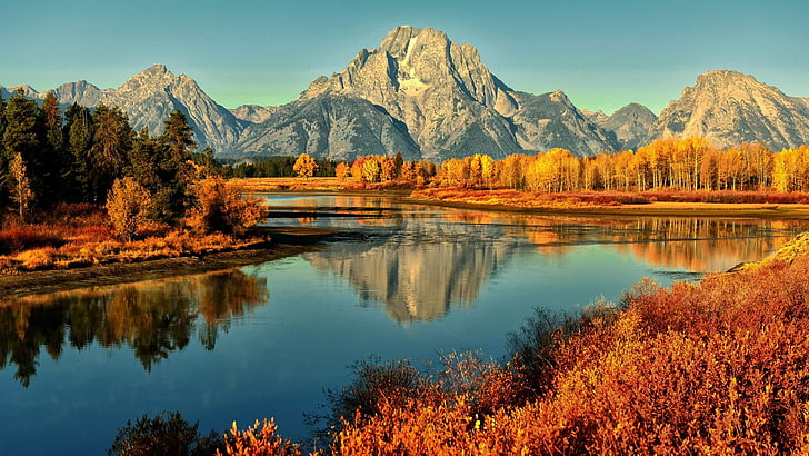 茶色の山脈、風景、山、湖、反射、自然、 HDデスクトップの壁紙