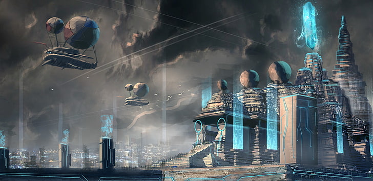 футуристический город с голографическим дисплеем, футуристический, синий, храм, город, HD обои