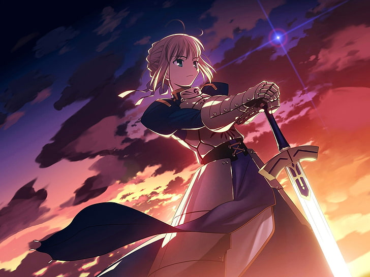 Fate stay night saber-Anime HD Tapeta, brązowowłosa kobieta trzymająca miecz cyfrowa tapeta, Tapety HD