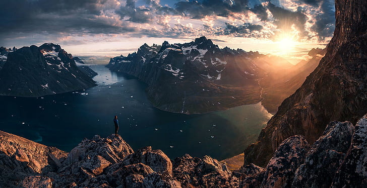 water, mountains, beach, Max Rive, sunset, sunrise, clouds, snow, sky, landscape, nature, HD wallpaper