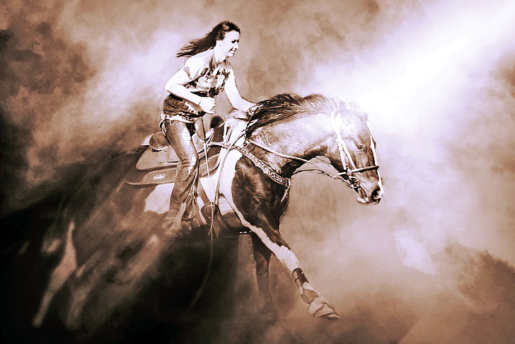 barrel racer, barrel racing, contest, country, dust, equine, fog, horse, horseback riding, manipulated, paint, photoshop, power, quarter horse, rider, speed and control, HD wallpaper