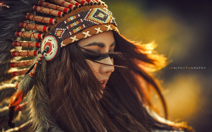 brown, red, and white tribal headdress, brunette, headdress, indian hat, women, face paint, long hair, HD wallpaper