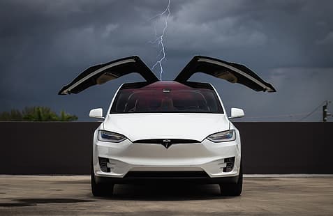 Wolken, Weiß, Tesla, Falke, Modell X, Flügel, Beleuchtung, Elektroauto, HD-Hintergrundbild HD wallpaper