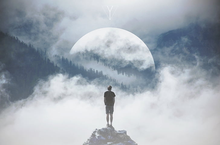 painting of person standing on the edge of cliff facing the moon, Alone, Moon, Forest, Double exposure, 4K, HD wallpaper