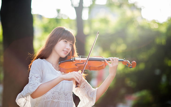 Violinist, east girl, forest, sunlight, Violinist, East, Girl, Forest, Sunlight, HD wallpaper