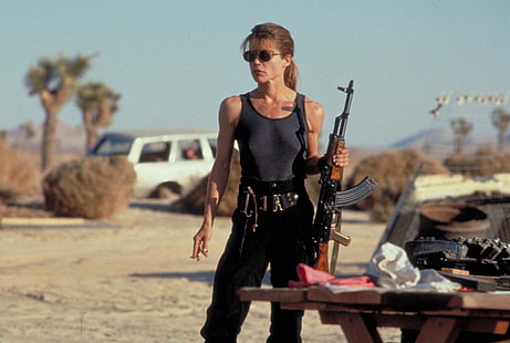 canotta nera da donna, Terminator, Terminator 2: Judgment Day, Linda Hamilton, Sarah Connor, Sfondo HD HD wallpaper