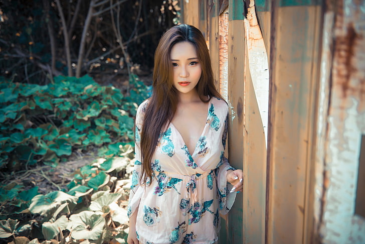 Asian, women, women outdoors, brunette, model, plants, cleavage, playsuit, looking at viewer, long hair, painted nails, HD wallpaper