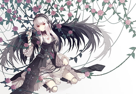 Anime, Anime Girls, Rozen Maiden, Suigintou, Flügel, kniend, Blumen, HD-Hintergrundbild HD wallpaper