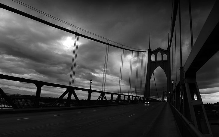 black and white metal frame, cityscape, monochrome, road, traffic, clouds, bridge, black, dark, overcast, gray, HD wallpaper