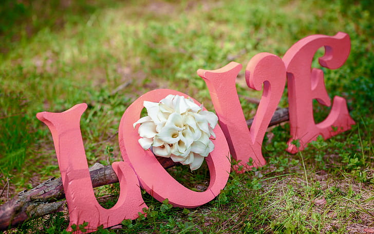 Romantic love, love freestanding letter, flowers, romantic, bouquet, love, HD wallpaper