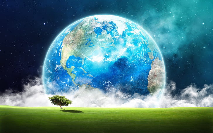 Превъзходен изглед на планетата, пейзаж, дърво, зелен свят, космическа планета, HD тапет