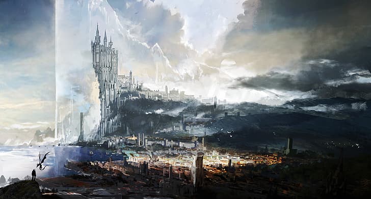 videogames, arte de videogame, arte digital, castelo, Wyvern, cidade, mar, nuvens, torre, Final Fantasy XVI, arte conceitual, guerreiro, HD papel de parede