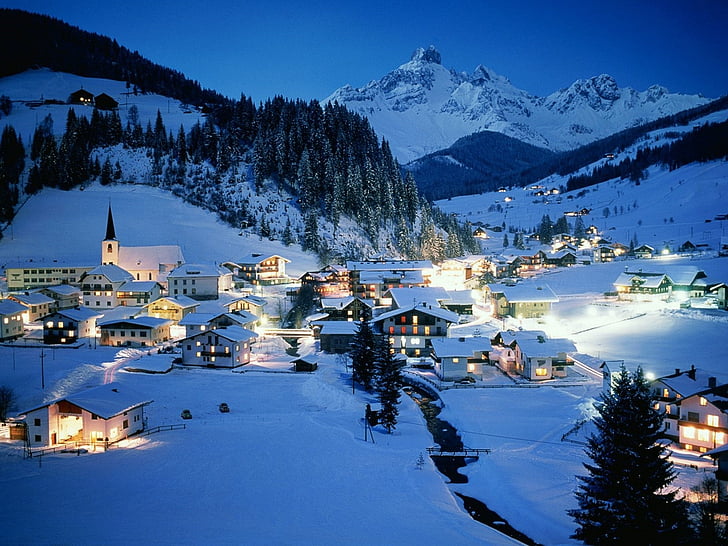 austria, invierno, paisaje, pueblo, Wallpaper HD