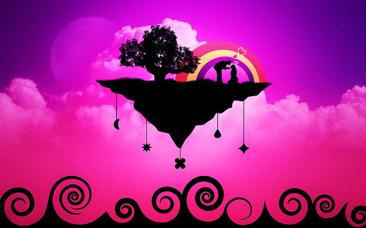 Abstract, Vector, Couple, Heart, Love, Pink, Rainbow, Romantic, Tree, HD wallpaper