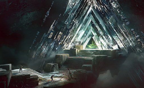 два солдата, стоящие внутри иллюстрации подземелья, фэнтези-арт, Destiny (видеоигра), Vault of Glass, HD обои HD wallpaper