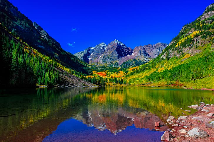 montagne, lago, riflessione, cime, Colorado, Maroon Lake, Maroon Bells, Montagne Rocciose, Elk Mountains, Lake Maroon, Sfondo HD
