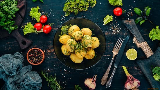 Essen, Kartoffeln, Salat, Tomaten, Gabel, Messer, HD-Hintergrundbild HD wallpaper