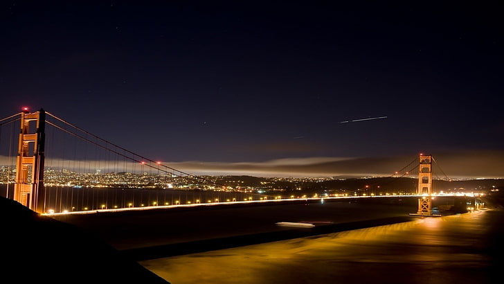 jembatan gantung coklat, jembatan, kota, malam, arsitektur, Jembatan Golden Gate, Wallpaper HD