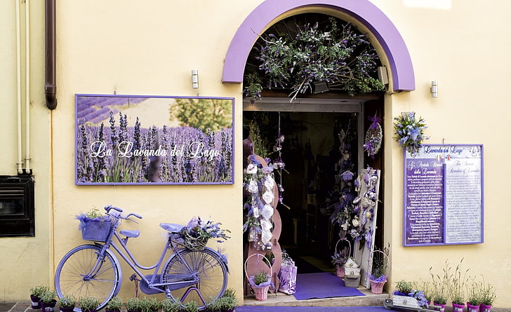 Lavender Shop, purple city bike, Europe, Italy, Flower, Purple, Lavender, Fuji, bike, Shop, x100s, fujifilm, desenzano, garda, HD wallpaper