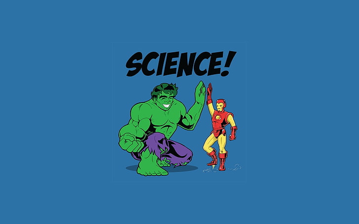Illustration incroyable de Hulk et Iron Man, bandes dessinées Marvel, Hulk, Iron Man, science, humour, fond bleu, Fond d'écran HD