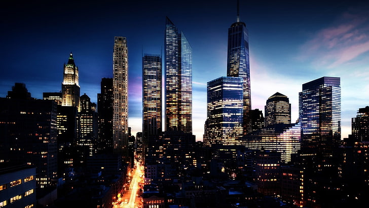 городской пейзаж здания в ночное время, Манхэттен, городской пейзаж, нью-йорк, HD обои