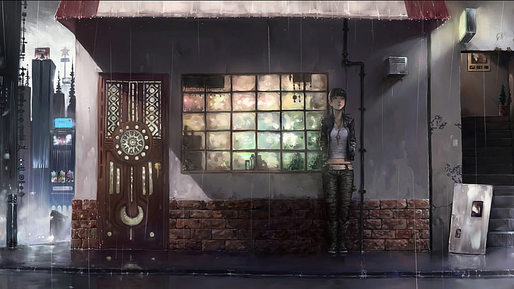 anime, hujan, sendirian, wanita, Wallpaper HD