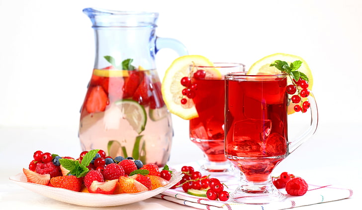 strawberry juice, ice, berries, raspberry, lemon, blueberries, strawberry, lime, drink, fruit, currants, HD wallpaper