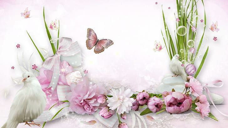 Prejudise For Pink, bows, soft, ribbons, lace firefox persona, grass, doves, pink, flowers, peonies, birds, summer, 3d and, HD wallpaper