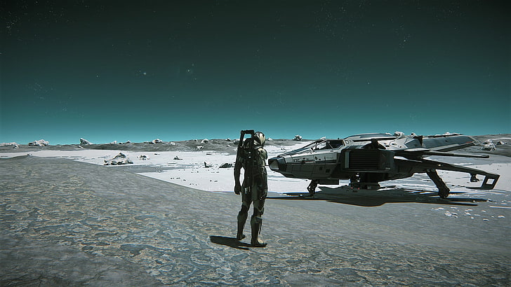 شخص يقف بالقرب من مركبة فضائية ، Star Citizen ، F7C Hornet ، مركبة فضائية، خلفية HD