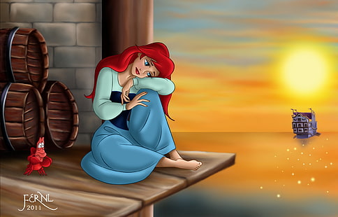 Kleine Meerjungfrau hoffnungslos, kleine Meerjungfrau Ariel und Sebastian, Cartoons, Cartoon, Mädchen, Sonnenuntergang, Traurigkeit, HD-Hintergrundbild HD wallpaper